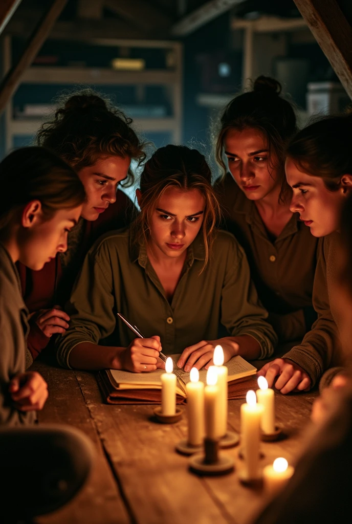 A small group of people hiding in an attic or basement, with candles illuminating their faces as they plan their next move. One of them writes in a diary, capturing the hopes and fears of the group.




  
