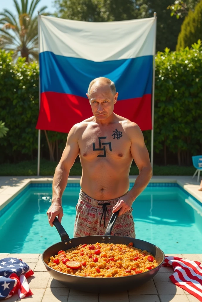 Vladimir Putin nude wearing a swastika tattoo, he is cooking very big paella in a garden with swimming pool. Russia flag waving on the background. Netflix logo and USA flag destroyed on the ground.  