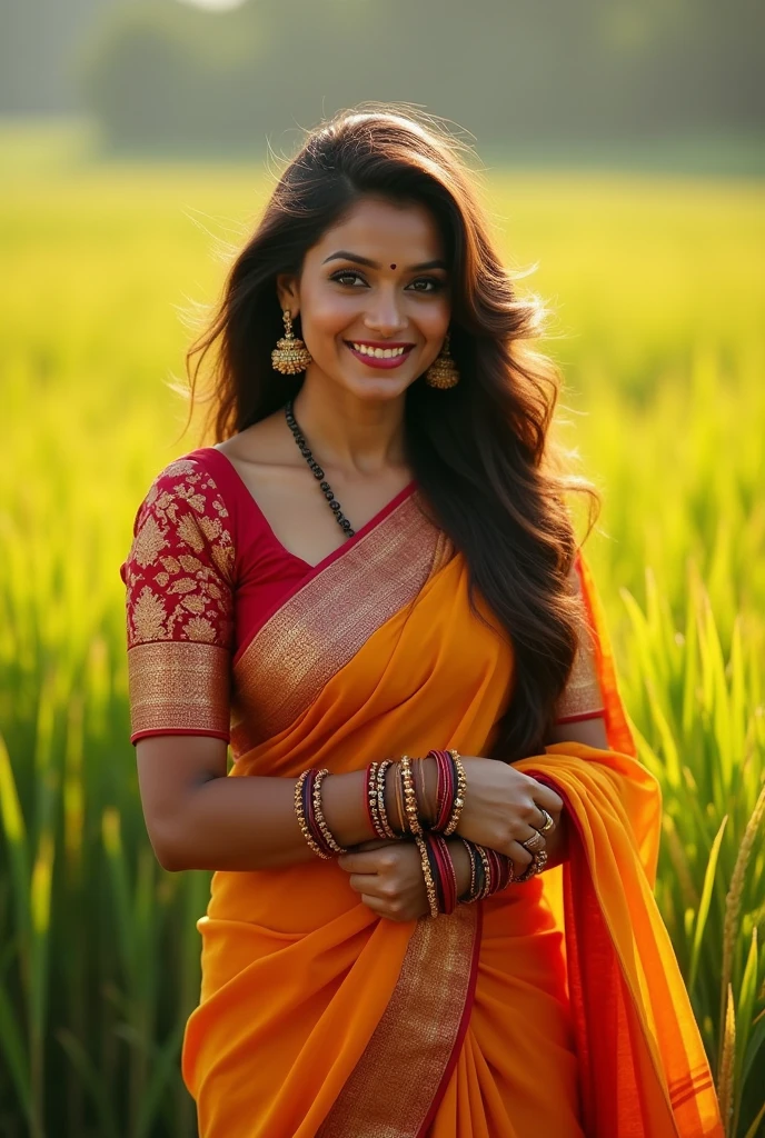 Create a realistic photograph of a smiling and beautiful indian actress in silk saree is carrying a large stout man on her shoulders in a paddy farm, man is sitting on top of her shoulders , man on top, woman standing at bottom