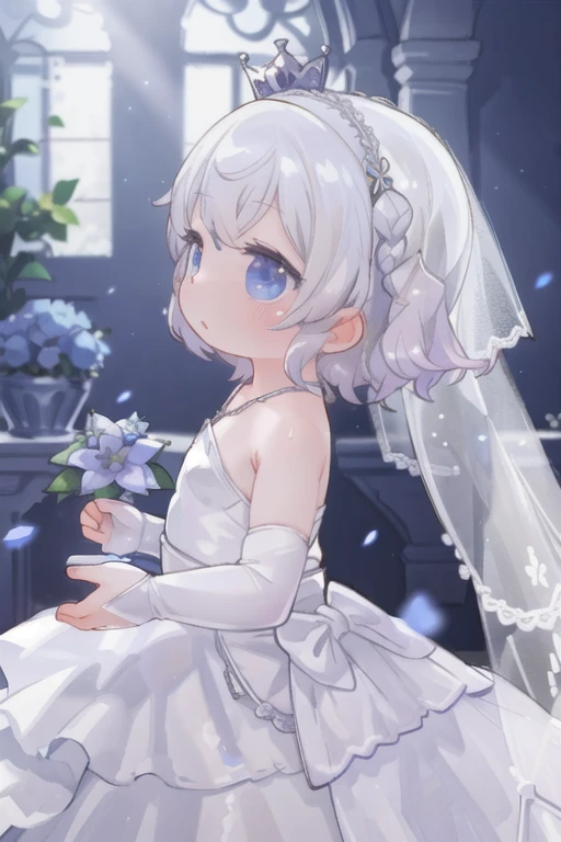 (masterpiece, Highest quality:1.3) Luna FF, One , alone, short hair, gloves, dress, Holding, Expose your shoulders, jewelry, Braiding, flower, necklace, white dress, From the side, Veil, Bridal Gauntlet, flower束, wedding dress, Realistic, crown Braiding, bridal Veil, flower嫁，