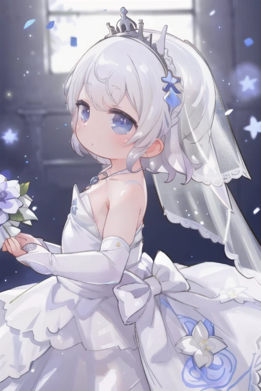 (masterpiece, Highest quality:1.3) Luna FF, One , alone, short hair, gloves, dress, Holding, Expose your shoulders, jewelry, Braiding, flower, necklace, white dress, From the side, Veil, Bridal Gauntlet, flower束, wedding dress, Realistic, crown Braiding, bridal Veil, flower嫁，