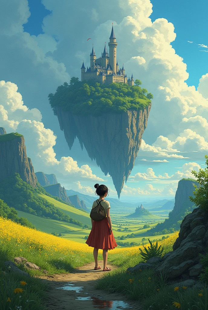 She's just a simple girl working on a farm. She lives in a difficult time., It's a dark age now. , Crazy World, Floating Island, Cloud Castle, (best quality:1.3), (mackerel:1), (detailed:1.3), (unbelievable:1.3), (Perfect:1.3), (Perfection:1.3), (Volume Cover Art:0), (illustration:1.3), Studio Ghibli's art