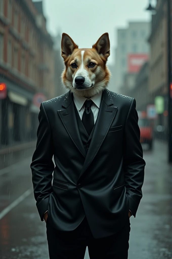 Imagine a dog in a black suit, Standing in the rain. His expression is melancholic, with eyes looking at the ground, as drops of water slide down the dark fabric of his suit. The atmosphere is gloomy, with gray clouds and a gentle wind that slightly stirs his hair. The scene conveys a deep feeling of sadness and loneliness.