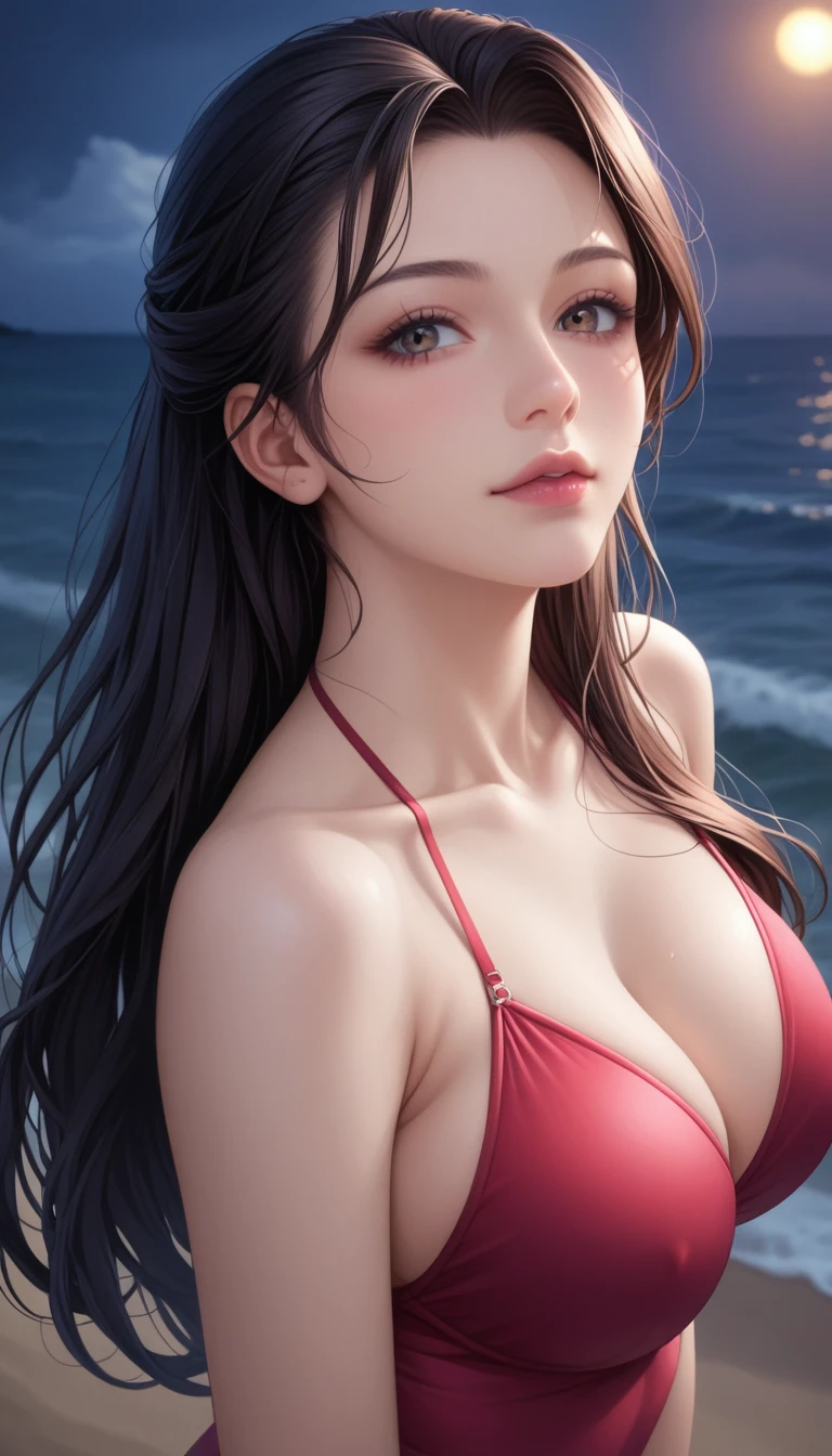 score_9, score_8_superior, score_7_superior, High-resolution CG illustration,A masterpiece in 32K resolution,Highest quality,it is really amazing,Very detailed,Ultra-high resolution,Ultra-realistic,Realistic,Increased depth of field,Cinematic lighting,
Sexy mature Japan woman,
Straight long hair with black hair,Showing his forehead,Ultra-detailed and beautiful face,Calm and gentle look,Beautiful brown, moist eyes,Glowing, moisturized skin,Translucent white skin,born々New skin texture,Great proportions,
Elegant red swimsuit,
Simple design,Chic color scheme based on red,詳細なborn地の質感,
(Dark and blurry background:1.1),Dark overcast sky on a dull night,Dark clouds filling the sky,Thundercloud,Coastline at night,Stormy seas,delay々A desolate sandy beach that continues,
(Beautiful cleavage:1.1),(High angle:1.1),