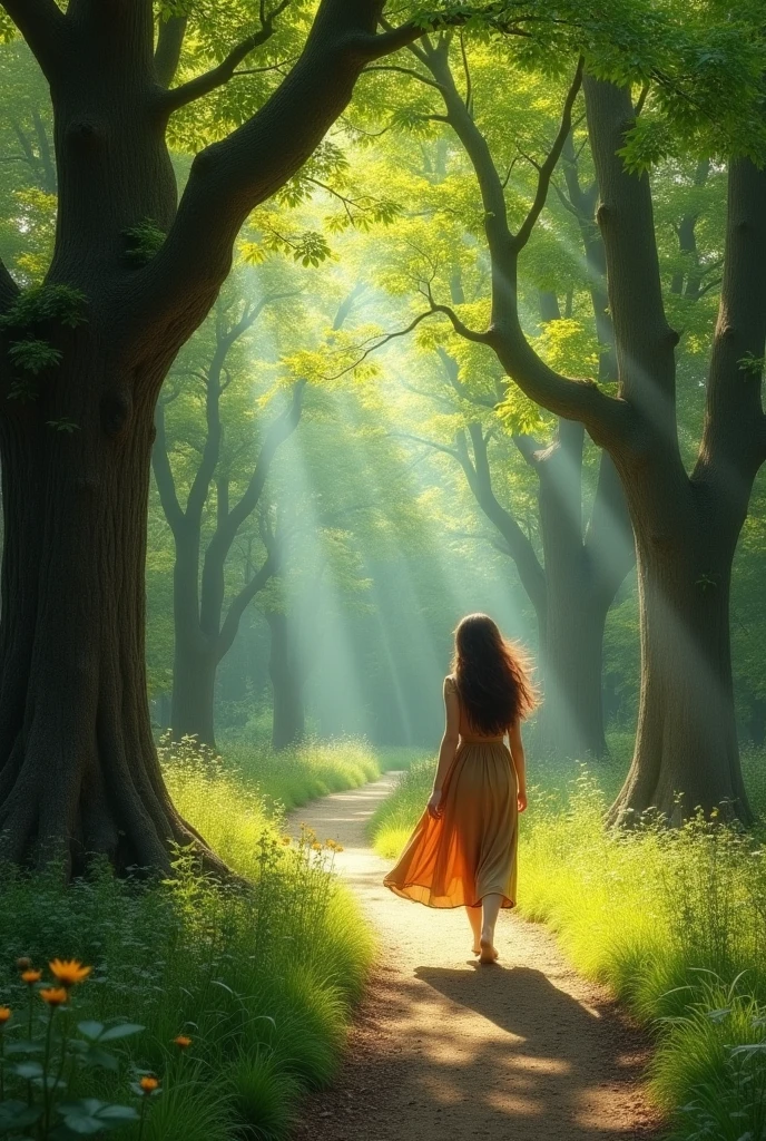 Une qui marche dans une foret