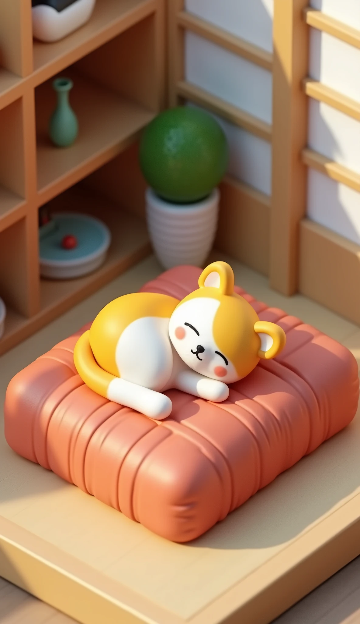 (masterpiece:1.2, Highest quality,Ultra-high resolution,Super detailed),8k,(wallpaper),(Ray Tracing),A plastic model of a small Rilakkuma-style calico cat sleeping on a futon, drooling,On display at a model shop,Very simple design,Matte Paint,(Isometric 3D Diorama:2.0)