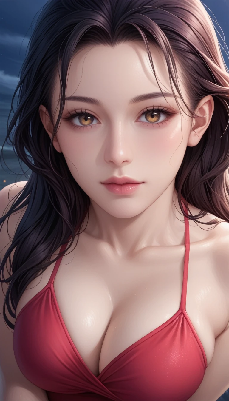 score_9, score_8_superior, score_7_superior, High-resolution CG illustration,A masterpiece in 32K resolution,Highest quality,it is really amazing,Very detailed,Ultra-high resolution,Ultra-realistic,Realistic,Increased depth of field,Cinematic lighting,
Sexy mature Japan woman,
Straight long hair with black hair,Showing his forehead,Ultra-detailed and beautiful face,Calm and gentle look,Beautiful brown, moist eyes,Glowing, moisturized skin,Translucent white skin,born々New skin texture,Great proportions,
Elegant red swimsuit,
Simple design,Chic color scheme based on red,詳細なborn地の質感,
(Dark and blurry background:1.1),Dark overcast sky on a dull night,Dark clouds filling the sky,Thundercloud,Coastline at night,Stormy seas,delay々A desolate sandy beach that continues,
(Beautiful cleavage:1.1),(High angle:1.1),