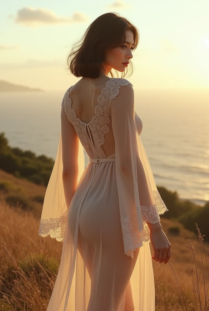 NSFW, Extremely Detailed CG Unity 32k Wallpapers, best Quality, Ultra-detailed, masterpiece, Realistic, perfect features, extremely detailed a of ((Maxim Model, Lingerie, Sheer lace robe with long bell sleeves for a romantic and ethereal look)), long bob hair, ((medium full shot)), (large breast:1.0), (alethic and lean), high detail hair, highly detailed body, highly detailed face, detailed eyes, detail cloths, detailed background, detailed landscape, (s curve, dynamic angle, side way twist looking at the view, sexy and elegant pose), (Natural Light with Reflector, Softbox Key Light with Fill Light), ((cinematic, cinematographer, sharp focus, depth of field, bokeh, 32k ultra high resolution, hyper realism, epic realism, extreme detailed, Octane Render, photorealistic)), realhands,smile