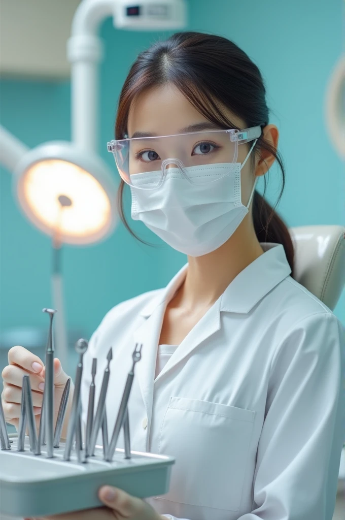 Latex gloves korean dentist girl, with latex gloves, mask, face shild, instruments