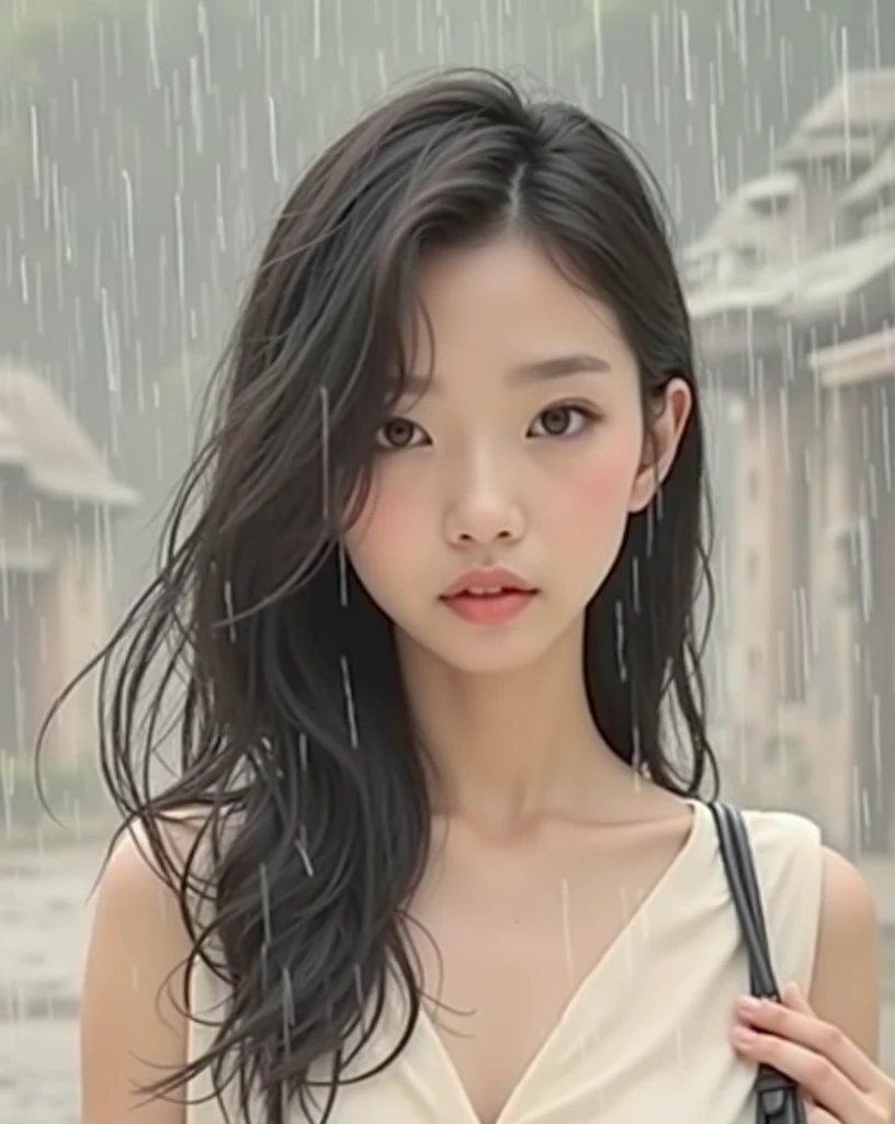 ((8k wallpaper)) (( top quality. Realism. masterpiece. High resolution))A torrential downpour from the summer afternoon sky..A beautiful Asian girl in a white dress stood beside the old street.She took shelter under a roof without an awning.The rain was too heavy.She could only raise her bag to shield her head.But her long black hair was still soaked.Water droplets trickled down her hair.And the girl's upper body was almost completely soaked in the rain.The wet clothes clung to her graceful body.Her curvy figure was subtly revealed.