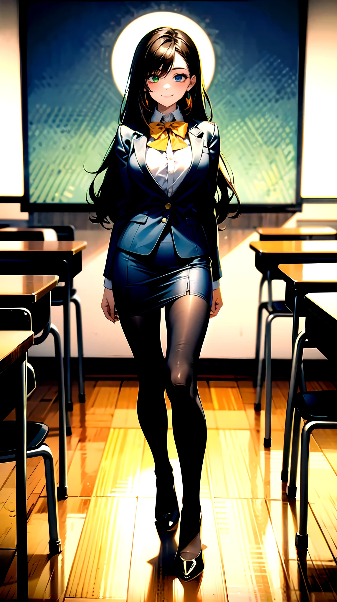 ((super high quality,Ultra-high resolution,4K,8k,super masterpiece,Ultra HD ,Detailed shading)),Full body photo,Evening Classroom,One high school girl,Blue-green blazer,A white dress shirt with the first button undone,Yellow and black striped bow tie,Marigold check mini skirt,Black tights,Long black straight hair,Side-swept bangs,Orange and green heterochromia,Sharp eyes with raised,smile,