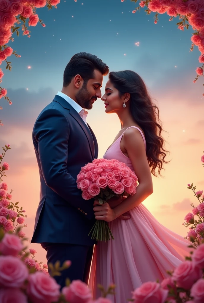 Actor Salman khan and porn star Danny Daniel movie poster Foreground: A couple in a loving embrace, gazing into each other’s eyes. The man is holding a bouquet of flowers, and the woman is wearing a flowing, elegant dress.