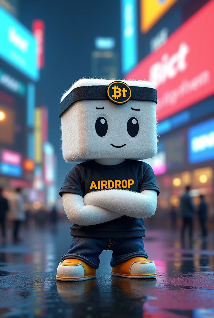 White square sugar cube, wearing a shirt that says Airdrop, on the head is a black headband with the letters BTC in yellow. Masculine look