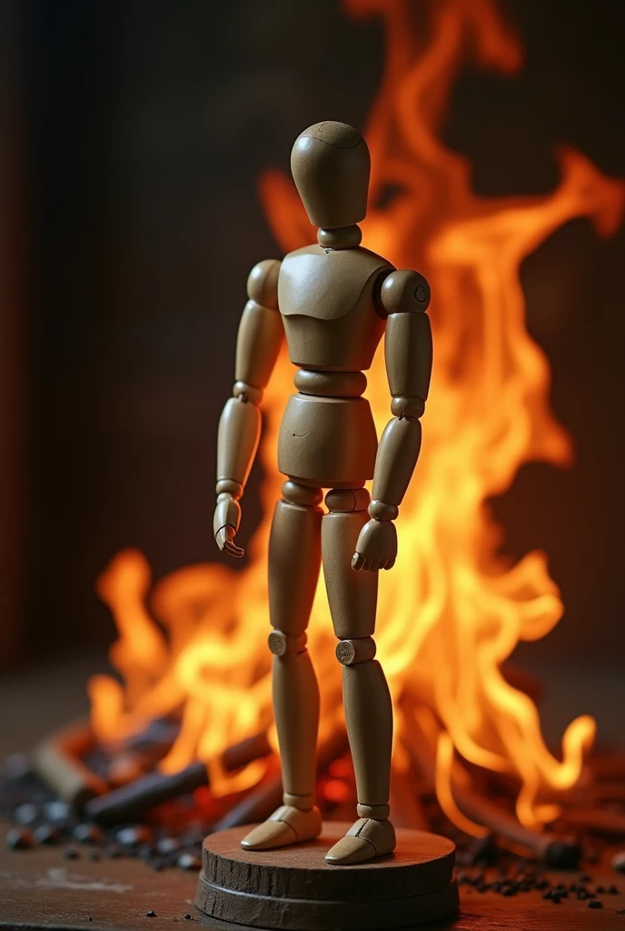 naked wooden doll masturbating with his penis on fire