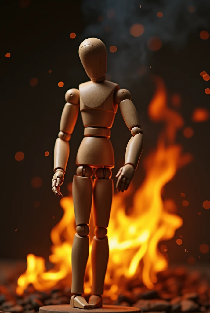 naked wooden doll masturbating with his dick on fire