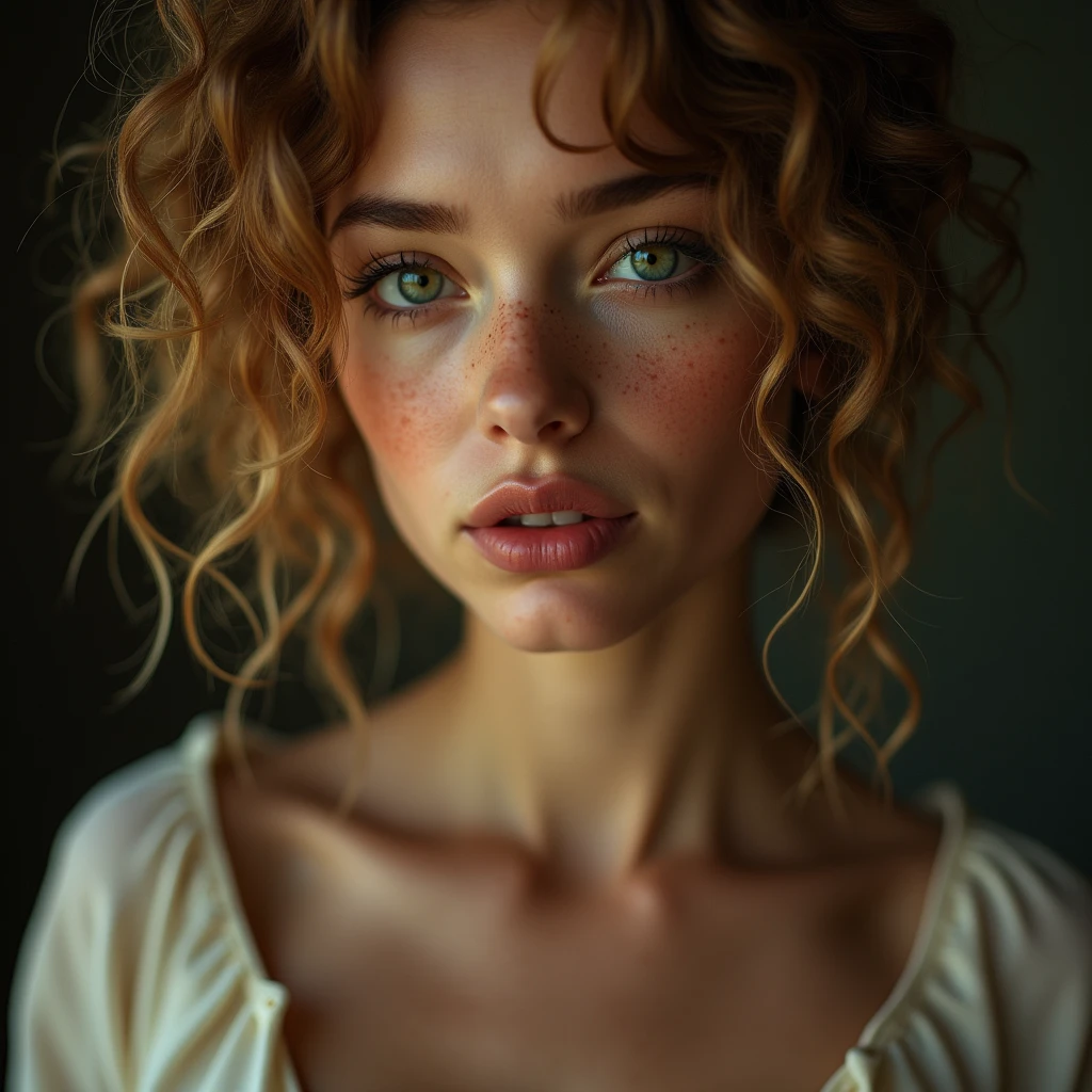 (best quality,highres,masterpiece:1.2),ultra-detailed,photorealistic:1.37,portrait,beautiful woman,curly hair,freckles,detailed eyes,detailed lips,dirty blonde hair,vibrant colors,soft lighting,studio setting,feminine,pensive expression,graceful pose,delicate features,subtle makeup,bokeh,shallow depth of field,subtle smile,rosy cheeks,airy feel,artistic composition, (((sfw))), (((Ana de Armas))), (((Green eyes))), Cinematic, Hyper-detailed, insane details, Beautifully color graded, Cinematic Lightning, Insanely detailed and intricate, Hyper maximalist, Volumetric, Full color, HDR, shallow depth of field, high budget Hollywood film, cinemascope, moody, epic, gorgeous