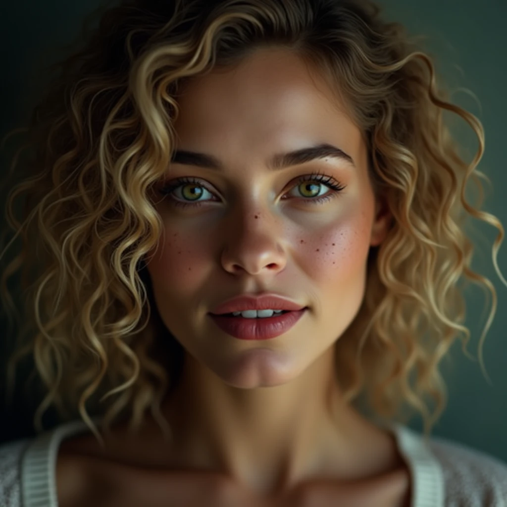 (best quality,highres,masterpiece:1.2),ultra-detailed,photorealistic:1.37,portrait,beautiful woman,curly hair,freckles,detailed eyes,detailed lips,dirty blonde hair,vibrant colors,soft lighting,studio setting,feminine,pensive expression,graceful pose,delicate features,subtle makeup,bokeh,shallow depth of field,subtle smile,rosy cheeks,airy feel,artistic composition, (((sfw))), (((Ana de Armas))), (((Green eyes))), Cinematic, Hyper-detailed, insane details, Beautifully color graded, Cinematic Lightning, Insanely detailed and intricate, Hyper maximalist, Volumetric, Full color, HDR, shallow depth of field, high budget Hollywood film, cinemascope, moody, epic, gorgeous