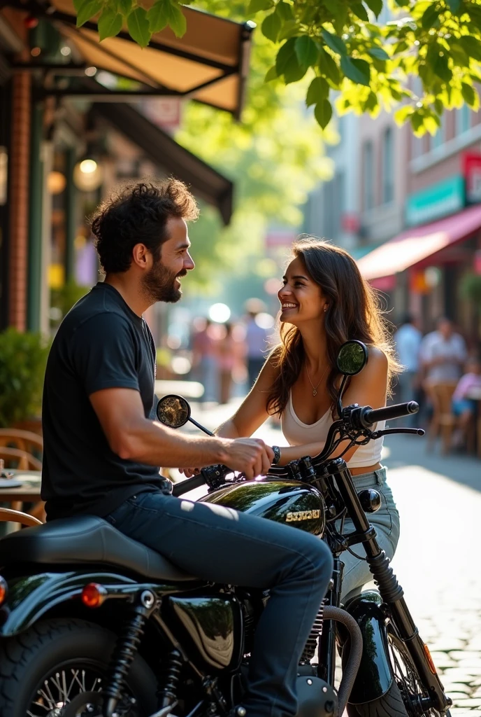 Create an image,a man talking to a woman laughing.
In the background of the image, a 34-year-old man, sitting on a black motorcycle