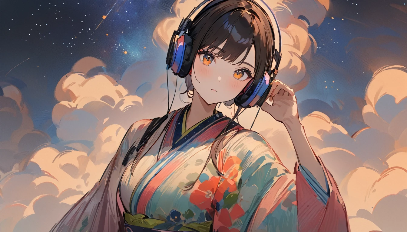 (((simple configuration))), (((The background is starry sky:1.2))), one girl, perfect anatomy, painterly, sketch, very delicate, wall with cloud-like pattern, Floral, delicate depiction, abstract, Bright colors overall, Gentle color, kimono, Taisho romance, (masterpiece, highest quality, highest quality, official art, beautiful:1.2), ((headphones)),