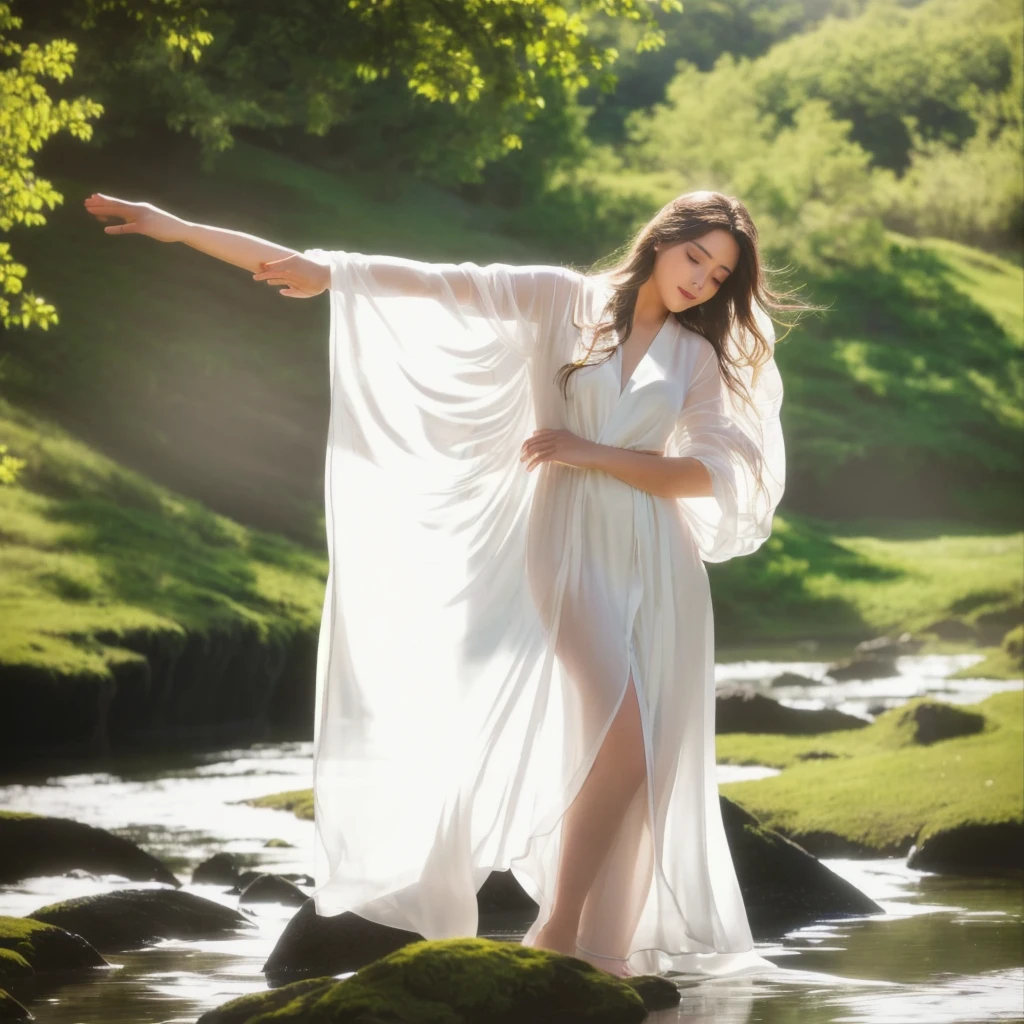 There is a woman in a white dress standing on the rock, Wearing a semi-transparent sheet, elegant dress, flowing white robe, wearing a white elegant dress, Cover with a transparent cloth, Silk fluttering in the wind, Flowing robes, wearing a elegant dress, Flowing white dress, flowy fabric, Maggie, flowing robe, Wearing a flowing long fabric, Endless flowing flowing curtains