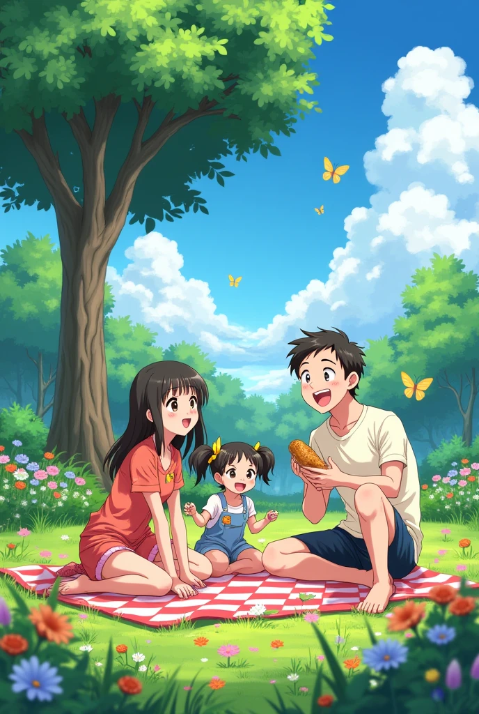 Picnic, family of 3 with girl, anime manga style