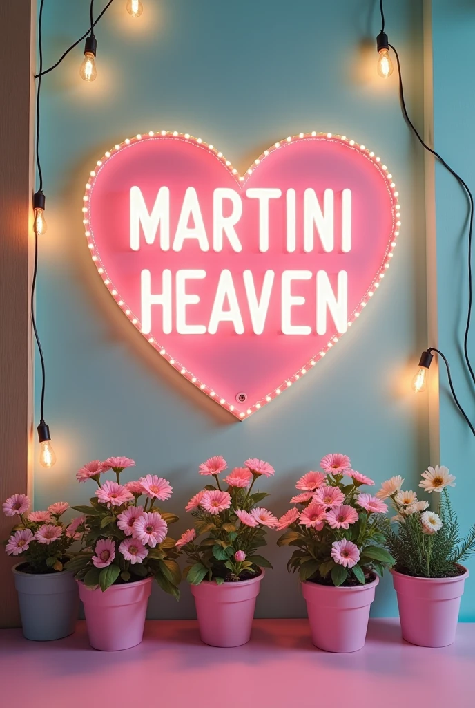 Create a logo for a bar with a LED sign that reads MARTINI HEAVEN, with flower pots and vintage lights, everything in pastel shades of yellow, pink and blue