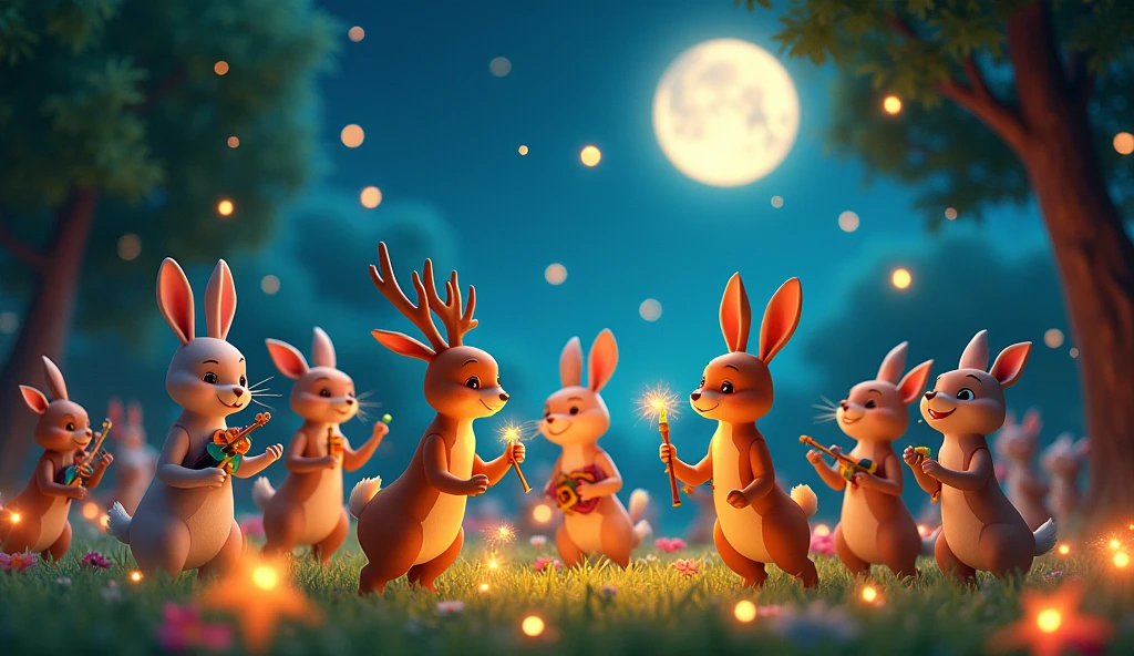 In 3d animation style " The animals holding a grand celebration under the stars, dancing and playing music.