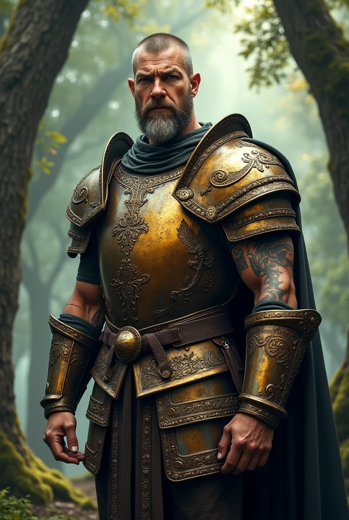 Tall, slightly stocky warrior with scars, tattoos, and a small beard, wearing full plate armor for RPG. 