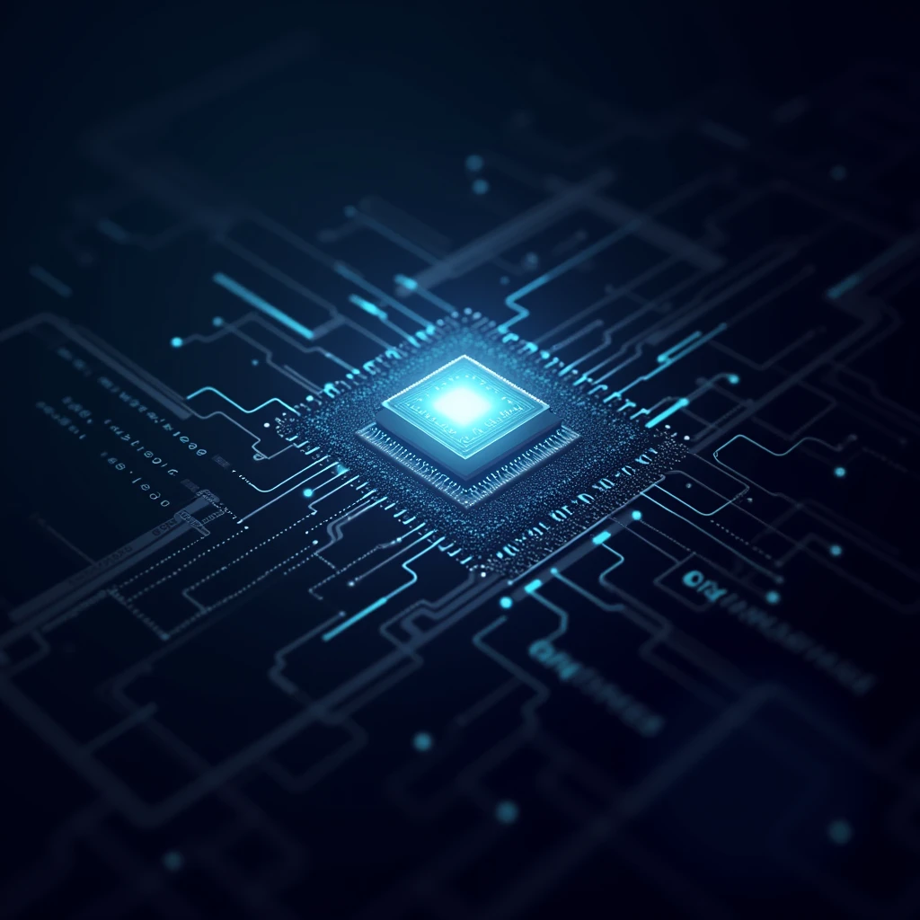 an abstract representation of AI as a glowing digital cpu clip, surrounded by floating codes and algorithms, symbolizing the merging of human intelligence with technology