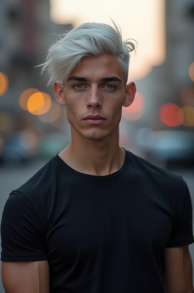 a man he has white hair tied like a ponytail he is between 18 years old he wears a black t-shirt he has striking eyes full body from the front