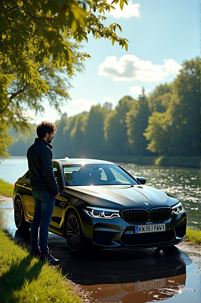 A standing near a river with attached his BMW M5 cs