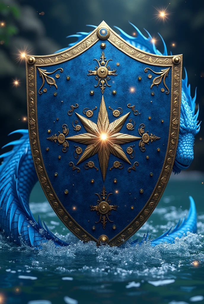 Celestial shield, navy blue and gold, with a blue-scaled dragon in the water
