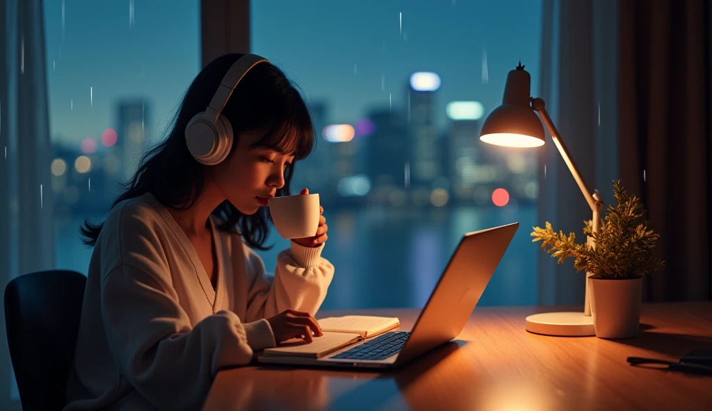 Create a cozy nighttime scene inside a lo-fi apartment bedroom. A young e-girl sits at a desk, focused on her studies with an open notebook and a laptop. She's dressed in comfortable, stylish clothes and wears headphones. next to her, there is a hot cup of coffee, with visible steam rising gently, highlighting the warmth and comfort of the environment. The room is modern, with a minimalist design, illuminated by a warm light table lamp. There is a large floor-to-ceiling window beside her, showing the city at night with raindrops running down the glass. The general atmosphere is quiet, Melancholic, and evocative of the lo-fi style, With the sound of rain falling outside, the steam from the coffee and the modern aesthetic creating a sense of calm and focus as she delves into her work