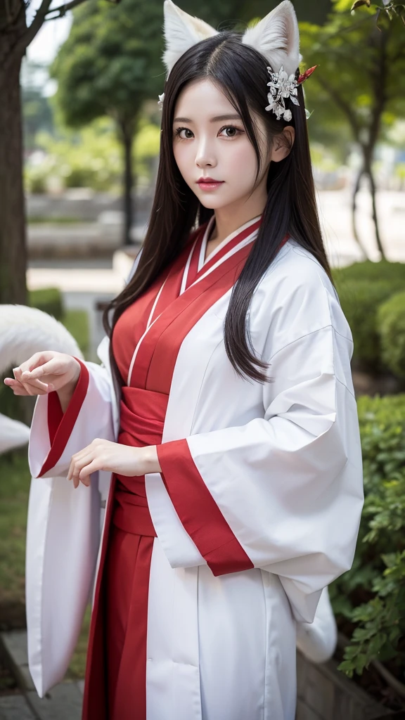 White Demon Fox、Nine-tailed Fox、Japanese women、kimono、Fair skin、Red lines on face、8K、I have long hair