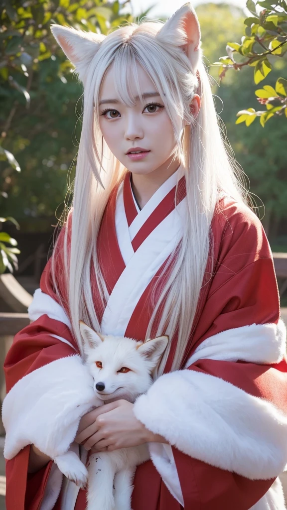 White Demon Fox、Nine-tailed Fox、Japanese women、kimono、Fair skin、Red lines on face、8K、I have long hair