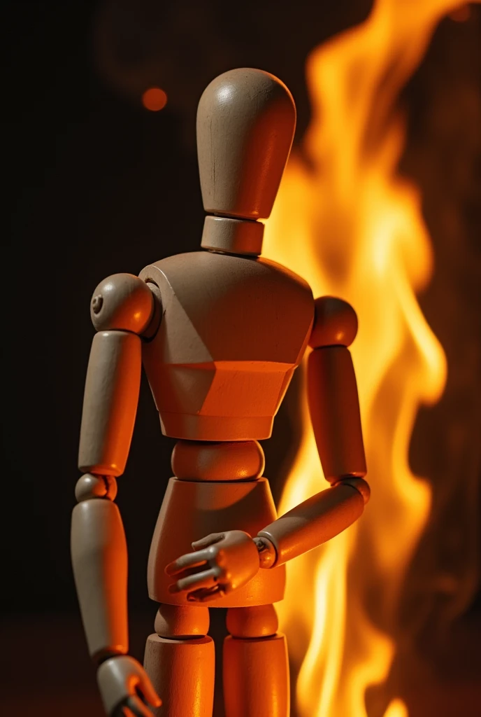 naked wooden doll masturbating with his dick on fire