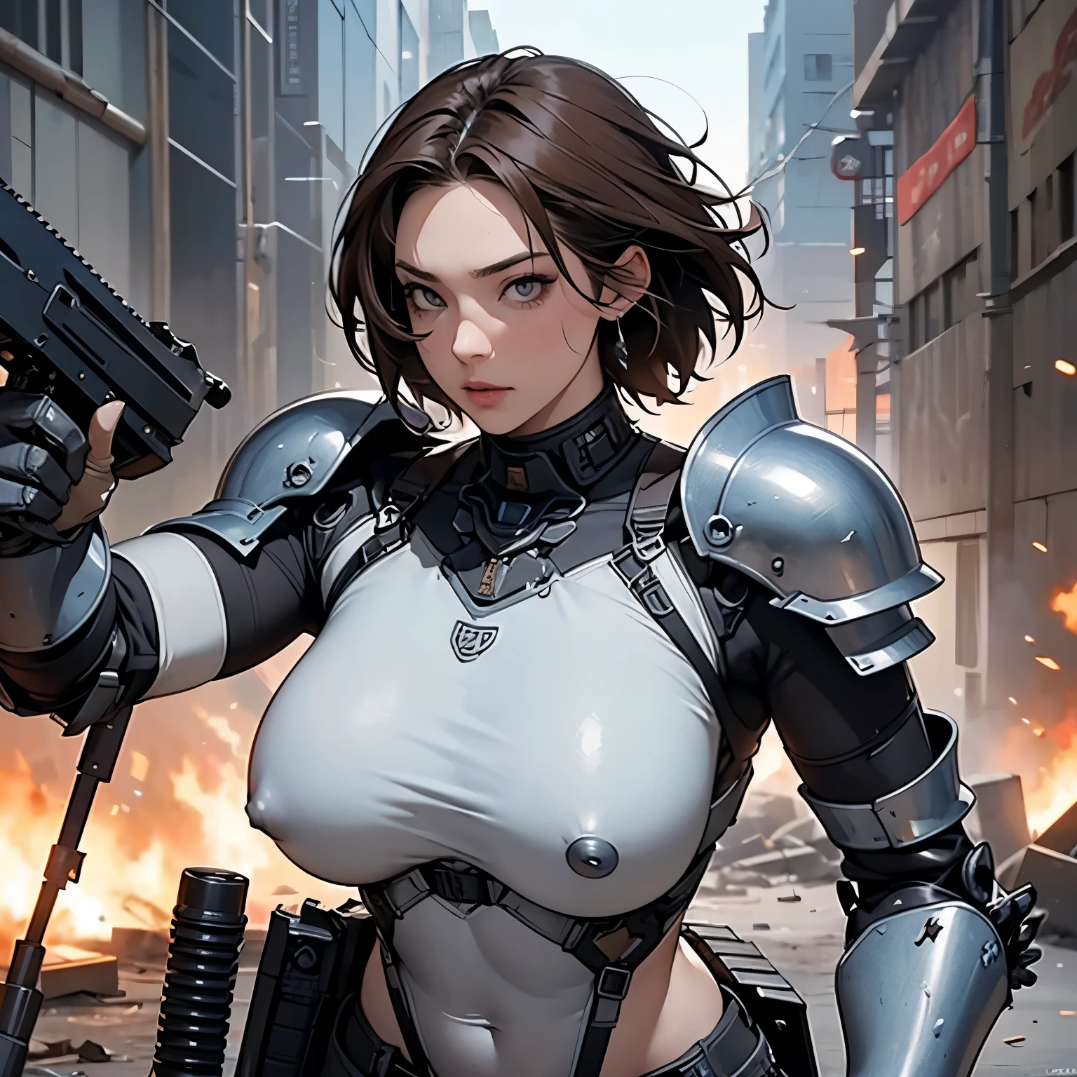 nsfw, anime screencap, 16K, perfect anatomy proportion body, action, A dynamic composition with a sense of speed and movement, (Hold an assault rifle:1.6), a wife, 40age, perfect beautiful delicate sexy face, perfect beautiful delicate eyes, brown hair, short bob hair, gigantic tits, abs, An elaborate heavy armored full armor powered suit made of chain mail, Many steel heavy armored robot soldiers having a gunfight in the background, Flying bullets, The lost and ruined ancient city, war, Post-apocalyptic,
