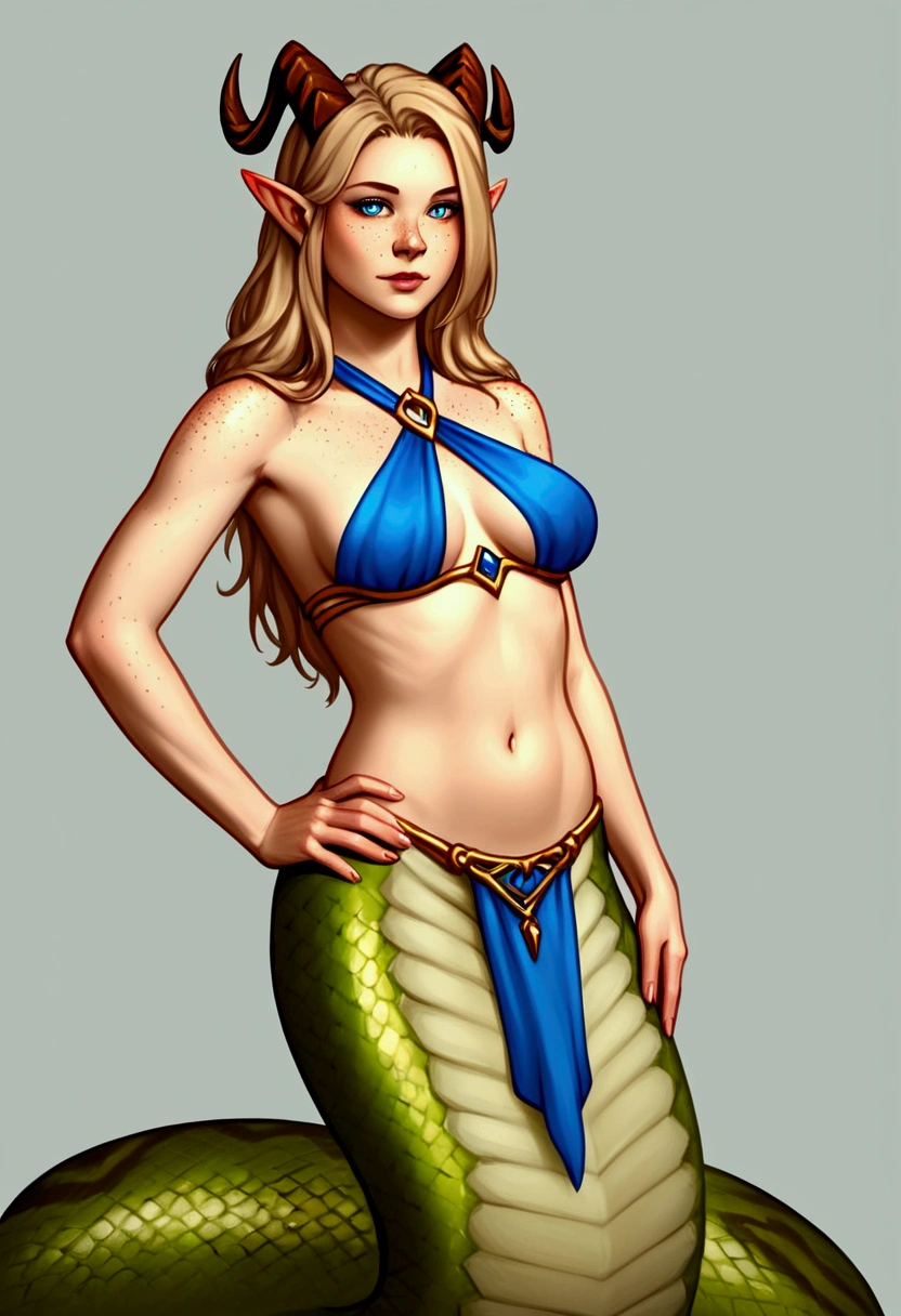 lamia, solo, 1girl, pointy ears, ((straight demon horns, blue eyes, long light brown hair, freckles across nose)), (light blue halter top, loincloth), green scales, pale belly, medium skin, snake body up, tip of the snake body up, realistic, photoreal, ArsMJStyle, dnddarkestfantasy, dungeons and dragons, (hand on hip),