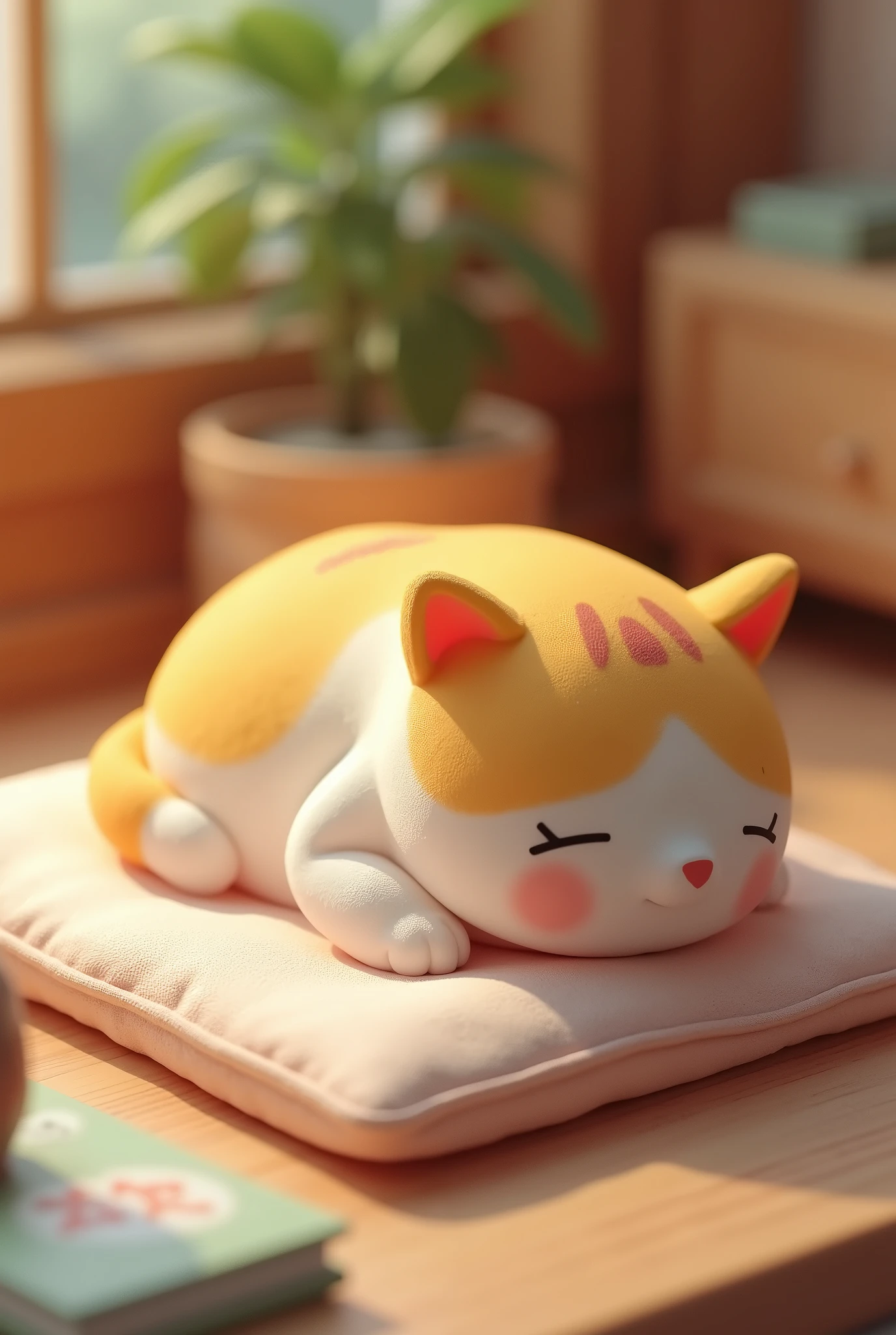 (masterpiece:1.2, Highest quality,Ultra-high resolution,Super detailed),8k,(wallpaper),(Ray Tracing),A plastic model of a small Rilakkuma-style calico cat sleeping on a futon, drooling,On display at a model shop,Very simple design,Matte Paint,(Isometric 3D Diorama:2.0)