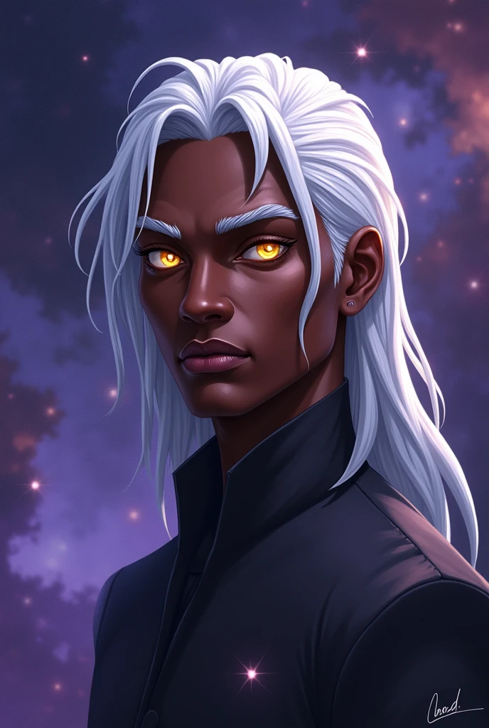 Black man with straight white hair and yellow eyes