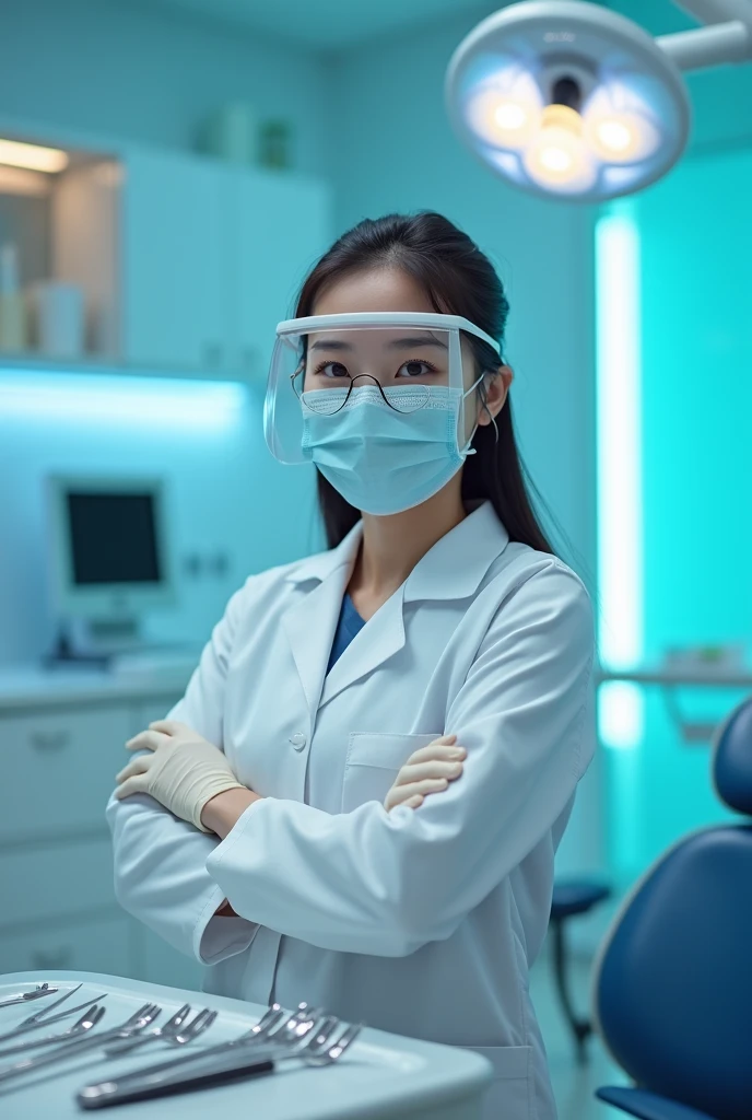 korean dentist girl, with long white latex gloves, mask, face shild, instruments