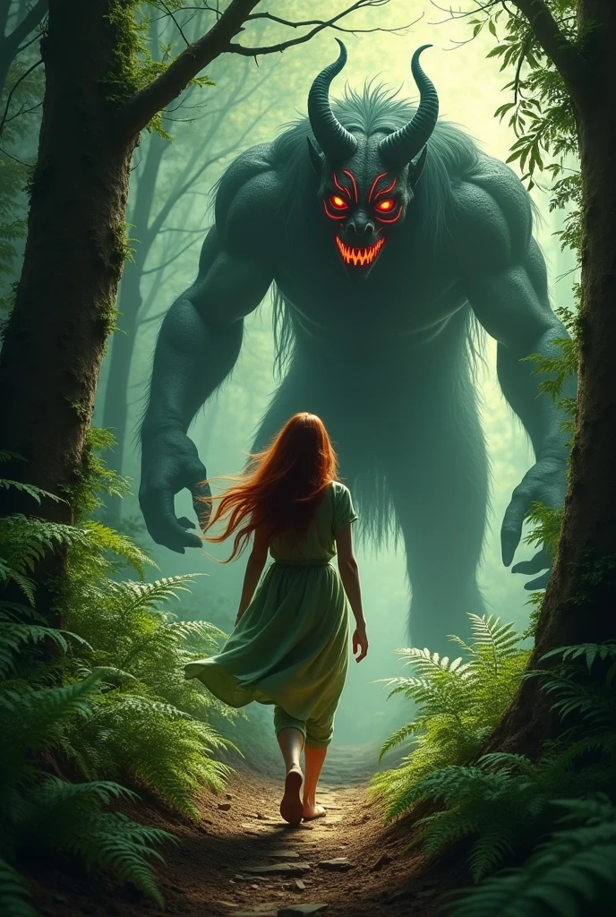 A woman walking in a forest, a demon appears