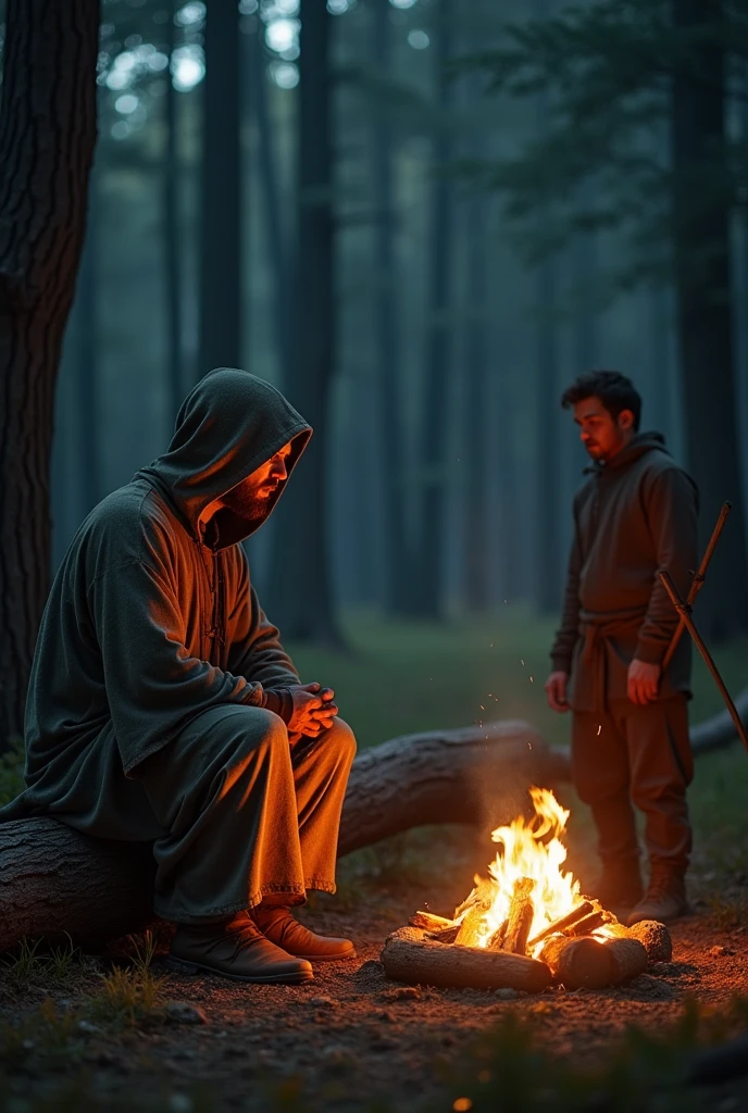 hooded man from the time of Christ sitting on a log at a distance of 10 meters holding a rod in front of another man from the year 2010 at a campfire in the dark