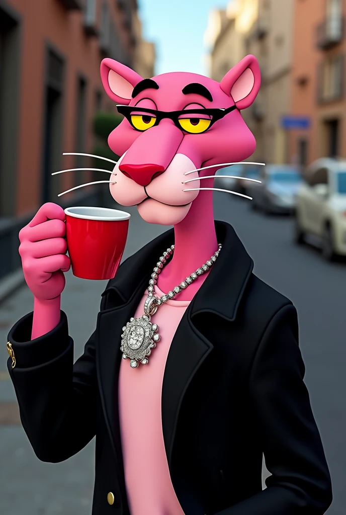The pink Panther cartoon character sipping on the drinks from a red cup wearing a black Bomba  jacket. with VVS diamonds round its neck with a pendant of the pink panther in diamond  a Patek watch rounded to the wrist. Standing sideways and staring so cool into the camera 