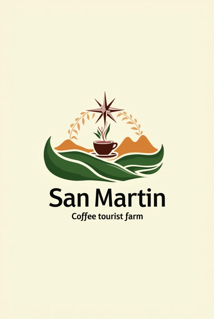 "Create a logo for a coffee tourist farm called 'San Martin' with the following characteristics:
1. Incorporate elements related to coffee, like brown grains, coffee leaves or a cup of coffee.
2. Include visual references to rural tourism, like mountains, a country house or winding paths.
3. Use the name 'San Martin' or the initials 'SM' creatively in the design.
4. Use a modern and minimalist style, prioritizing clean lines and simple shapes.
5. Use a color palette that evokes nature and coffee, like green, with a touch of red.
6. Make sure the design is legible and recognizable in both large and small sizes.
7. Consider incorporating elements that suggest adventure or exploration, like a stylized compass.