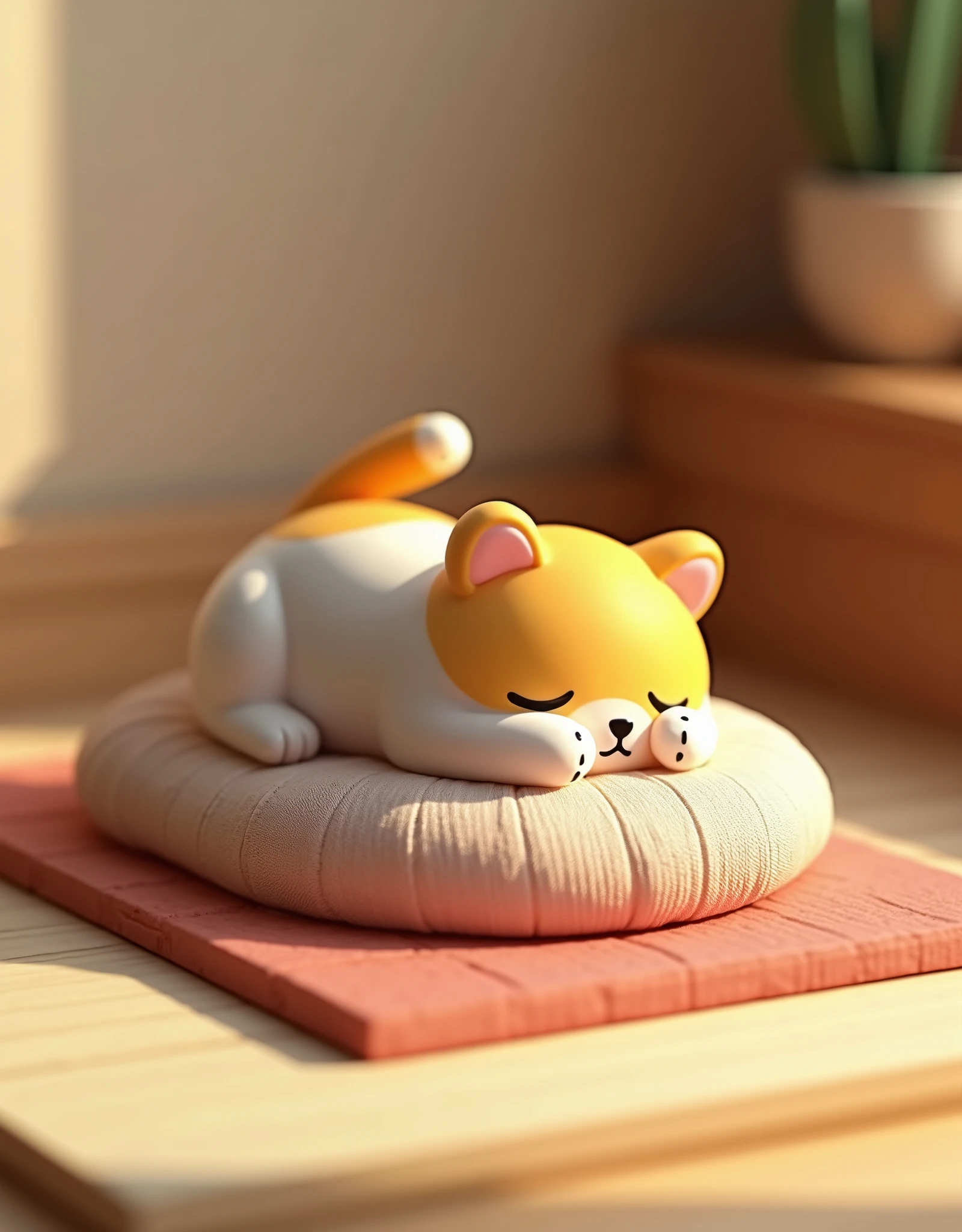 (masterpiece:1.2, Highest quality,Ultra-high resolution,Super detailed),8k,(wallpaper),(Ray Tracing),A small calico cat plastic model in the style of Rilakkuma, looking tired and sleeping in a futon.,On display at a model shop,Very simple design,Matte Paint,(Isometric 3D Diorama:2.0)