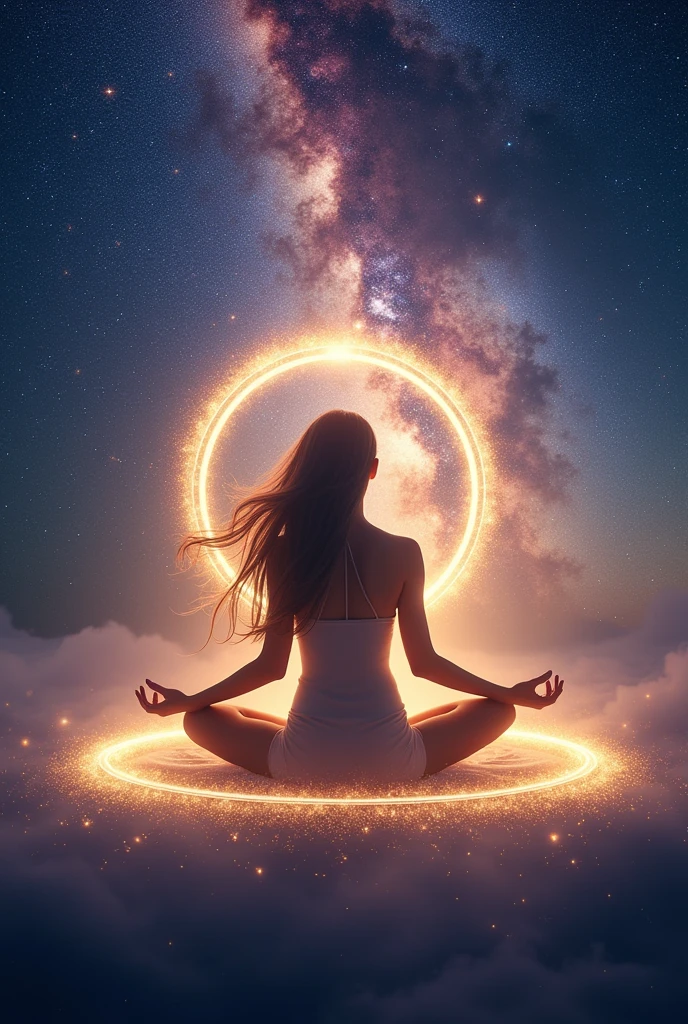 create a new image with a woman meditating in a cosmic setting, but with a more realistic style.So let's go create an image of a woman meditating in the cosmic universe with bright lights, golden golden circle rehearsing white light
