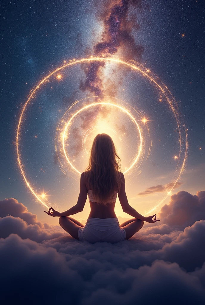 create a new image with a woman meditating in a cosmic setting, but with a more realistic style.So let's go create an image of a woman meditating in the cosmic universe with bright lights, golden golden circle rehearsing white light