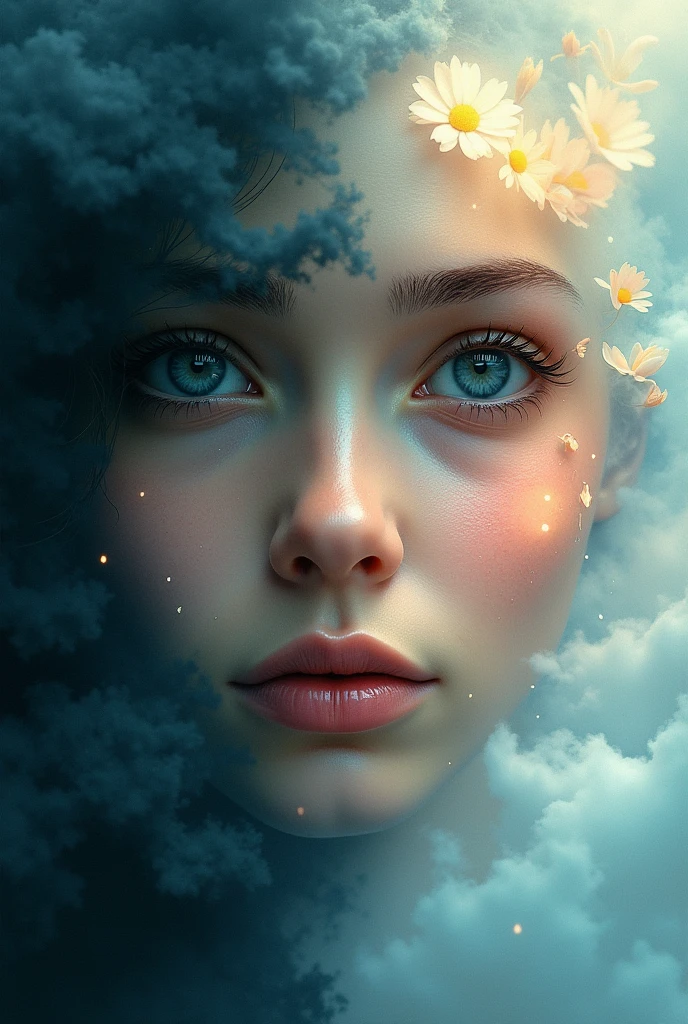 A split image: one side showing a sad face with dark clouds, the other side a happy face fading away.