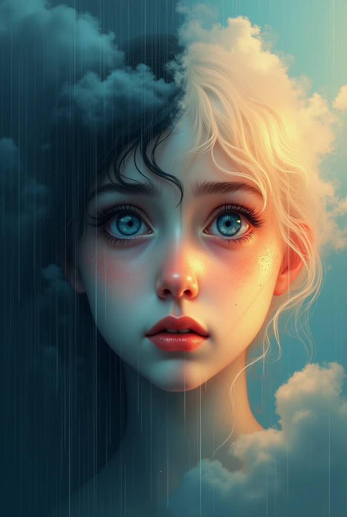 A split image: one side showing a sad face with dark clouds, the other side a happy face fading away.